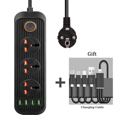 2 apaļas tapas EU RUS kontaktdakšas strāvas sloksnes slēdzis 1,8 M kabelis 3 Universālās kontaktligzdas 3 USB elektriskā pagarinātāja ligzdas tīkla filtrs