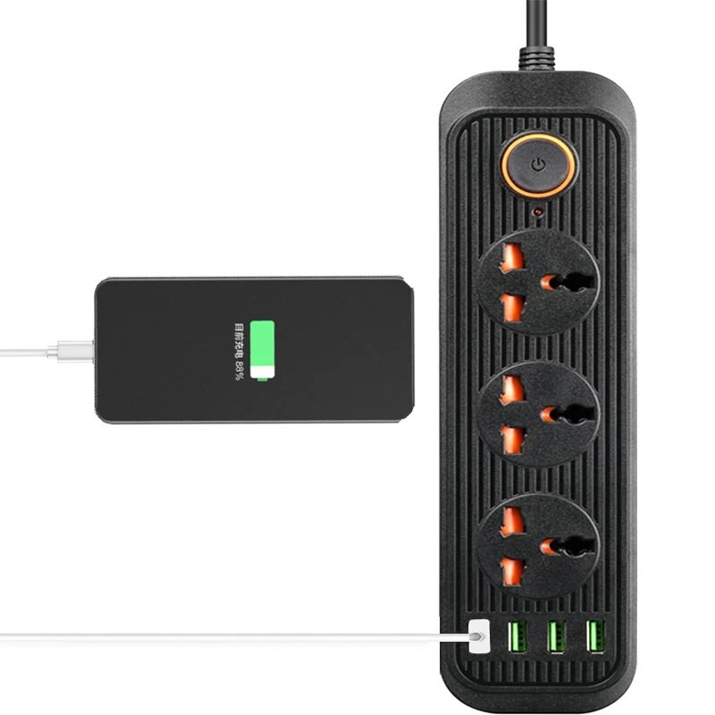 2 apaļas tapas EU RUS kontaktdakšas strāvas sloksnes slēdzis 1,8 M kabelis 3 Universālās kontaktligzdas 3 USB elektriskā pagarinātāja ligzdas tīkla filtrs