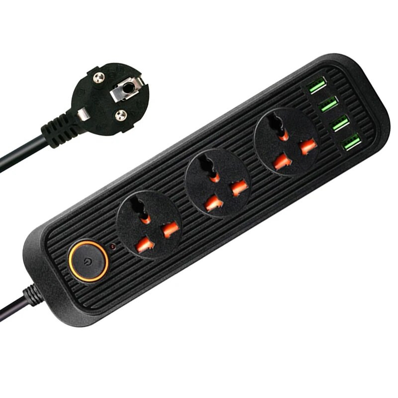 2 apaļas tapas EU RUS kontaktdakšas strāvas sloksnes slēdzis 1,8 M kabelis 3 Universālās kontaktligzdas 3 USB elektriskā pagarinātāja ligzdas tīkla filtrs