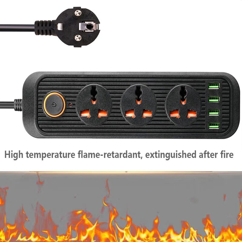 2 apaļas tapas EU RUS kontaktdakšas strāvas sloksnes slēdzis 1,8 M kabelis 3 Universālās kontaktligzdas 3 USB elektriskā pagarinātāja ligzdas tīkla filtrs