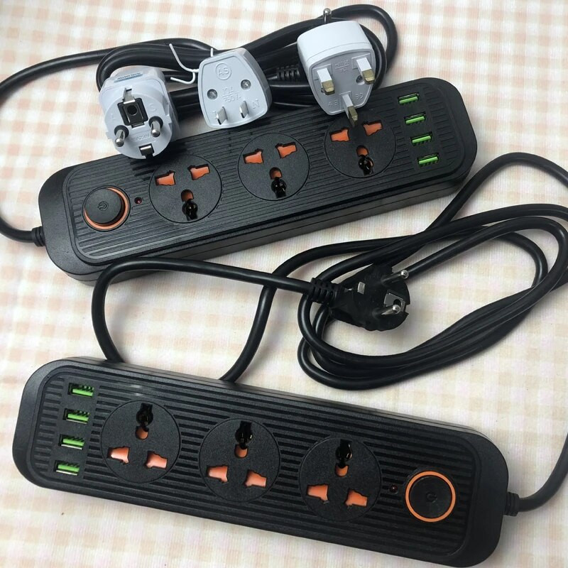 2 apaļas tapas EU RUS kontaktdakšas strāvas sloksnes slēdzis 1,8 M kabelis 3 Universālās kontaktligzdas 3 USB elektriskā pagarinātāja ligzdas tīkla filtrs