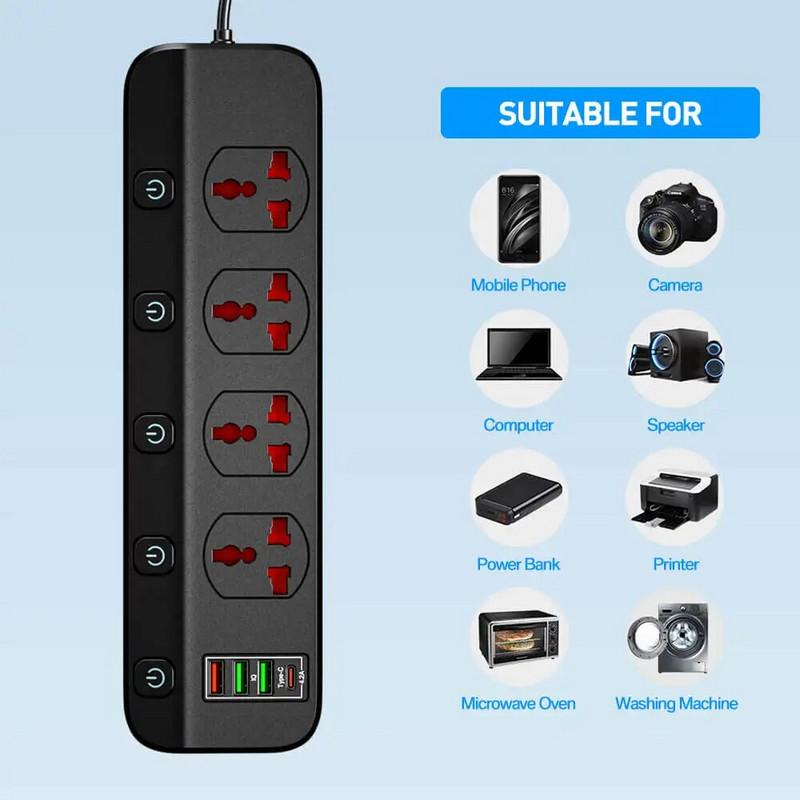 4 univerzális aljzat, 2500 W-os elosztó lakossági használatra USB Type-C töltőállomás-adapterrel 4 váltóáramú csatlakozóaljzat, 5. elosztó