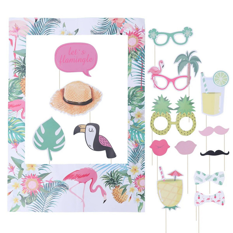 Nuotraukų būdelės rinkinys Luau vakarėlio reikmenys Flamingo ananasų rekvizitai Tropical Hawaiian Frame Picture