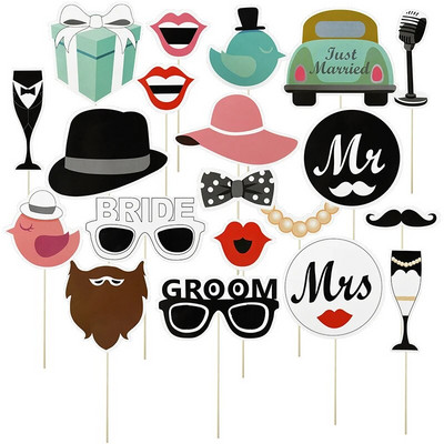 Rekvizity pre svadobnú párty a fotobúdku, tím, nevesta, ženích, pán, pani, fúzy, pery, okuliare, maska, fotobúdka, svadobné dekorácie, narodeninové párty