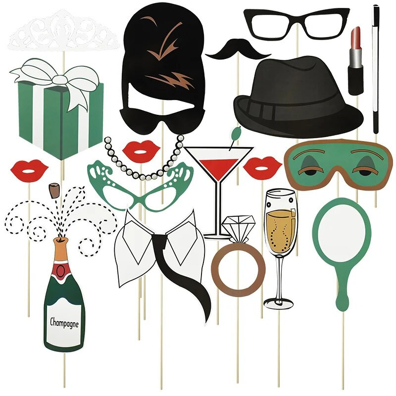 Rekvizity pre svadobnú párty a fotobúdku, tím, nevesta, ženích, pán, pani, fúzy, pery, okuliare, maska, fotobúdka, svadobné dekorácie, narodeninové párty