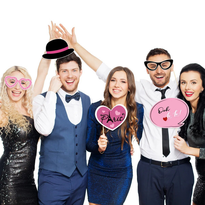 Decoratiuni foto de petrecere la Paris Recuzită pentru cabină Favoruri pentru ziua de naștere Suporturi pentru trandafiri Set de kit de aur franceză pentru fete Prop Selfie
