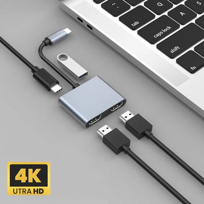 USB C хъб Thunderbolt-3 към двоен дисплей 4K UHD USB 3.0 A Port Type-C PD 60W конвертор за бързо зареждане за лаптоп Macbook Pro