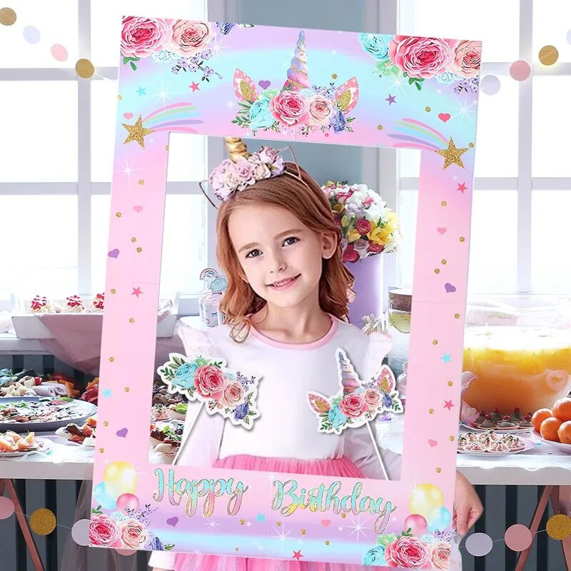 1Gb Vienradža tēmas foto rāmis Bērniem dod priekšroku vienradža dzimšanas dienas ballītei, papīra foto rekvizīts bērnu dušai. Kāzu dekors vienradža ballītei