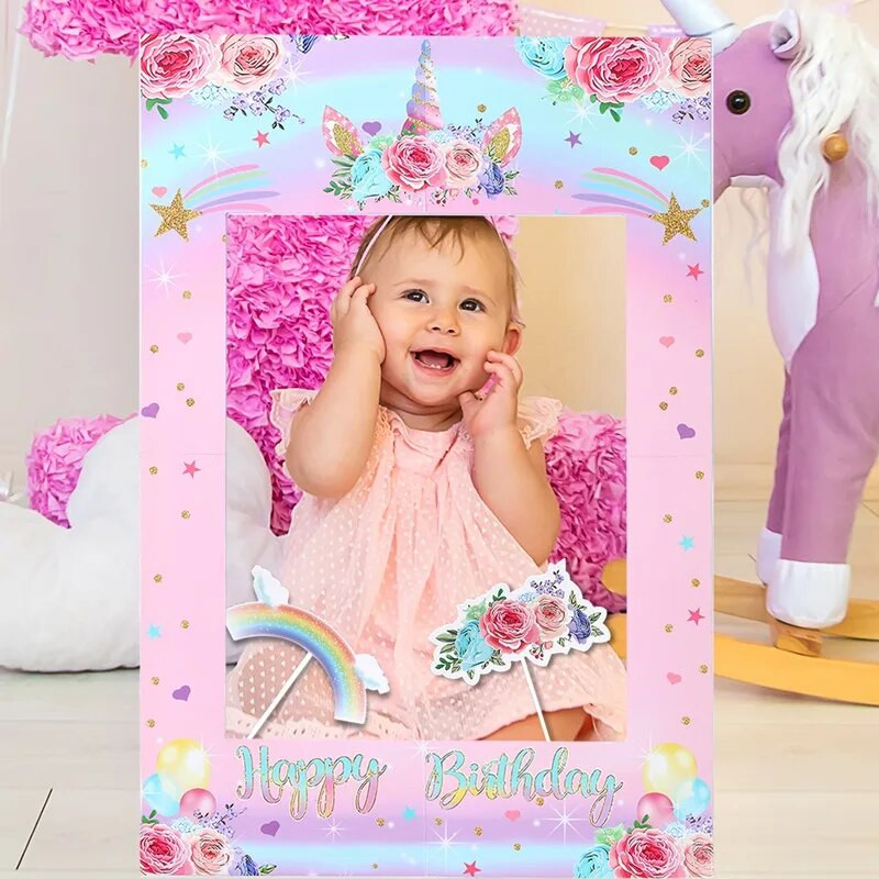 1Gb Vienradža tēmas foto rāmis Bērniem dod priekšroku vienradža dzimšanas dienas ballītei, papīra foto rekvizīts bērnu dušai. Kāzu dekors vienradža ballītei