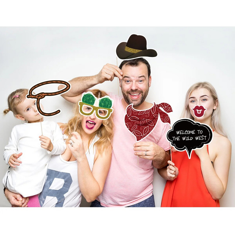 18 vnt. laukinių vakarų vakarų fotokabinos rekvizitai su medinėmis lazdelėmis ir pozavimo ženklu