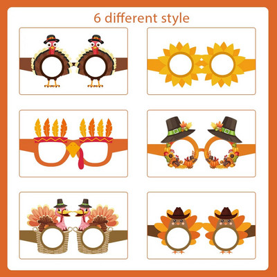 Padėkos dienos 3D popieriniai akiniai, Padėkos dienos teminis vakarėlis, fotorekvizitai, 6 vnt.