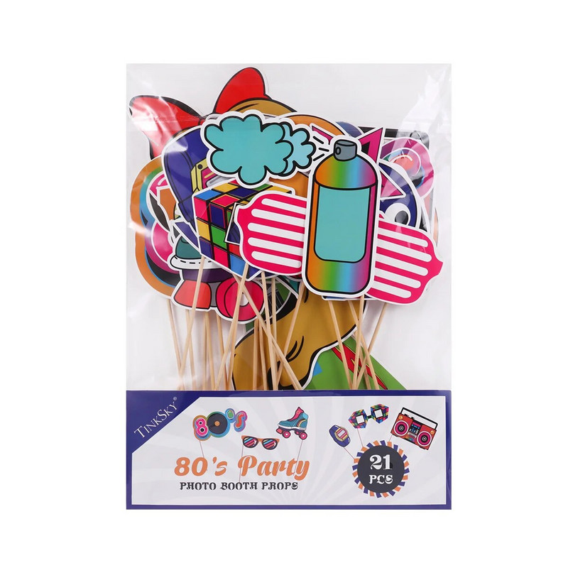 21 vnt. 80-ųjų nuotraukų būdelės rekvizitai Nuotraukų būdelės rekvizitai Juokingi neoniniai vakarėlių reikmenys 80-ųjų teminių vakarėlių reikmenys