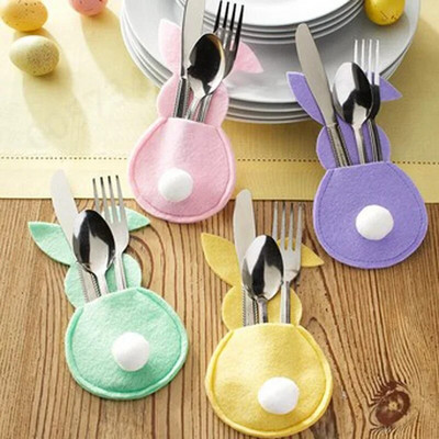4pcs Easter Rabbit Knife and Fork Bag with Tail Rabbit Cutlery Holder Bag Happy Easter Day Party Supplies 2023 Cutlery Cover