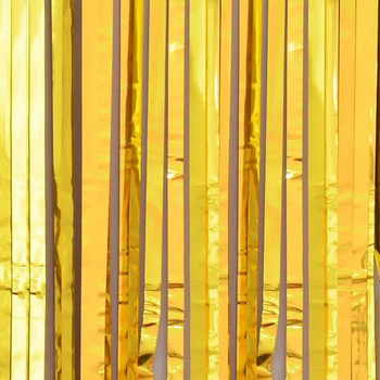 1x2 M Ярък златен дъжд Копринени завеси Парти за рожден ден Фон Декорация на стена Пискюли Искрящо алуминиево фолио Стени Завеса