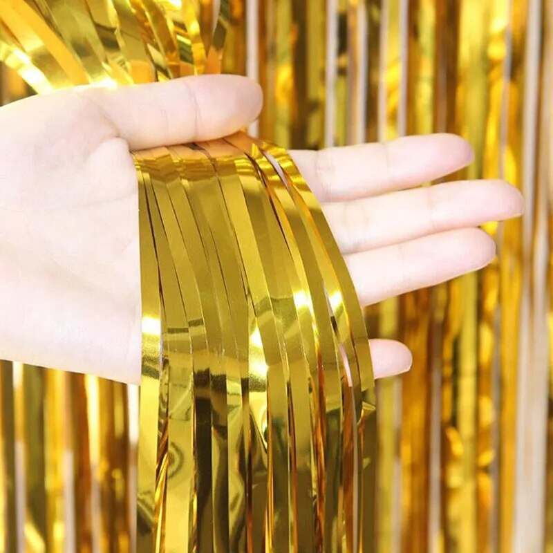 1x2 M svijetle zlatne kišne svilene zavjese Pozadina za rođendansku zabavu Zidna dekoracija Rese Svjetlucava aluminijska filmska zidna zavjesa