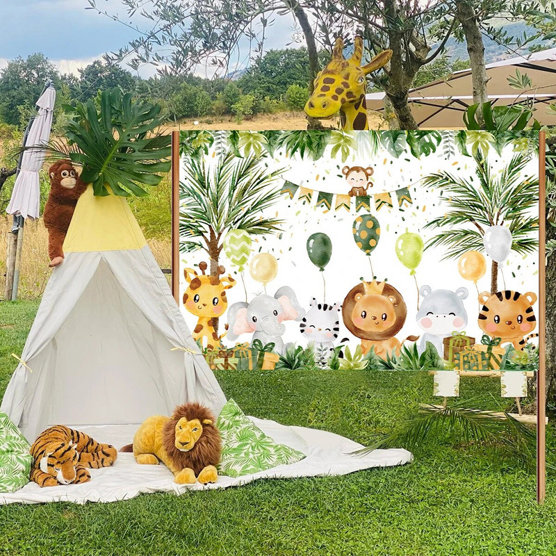 Pozadina sa životinjama iz džungle Dekoracije za zabavu u džungli Wild One Safari Rođendanske dekoracije Baby Shower Boy Gril Pozadina za 1. rođendan