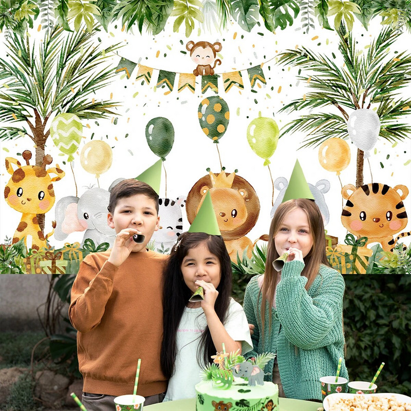 Pozadina sa životinjama iz džungle Dekoracije za zabavu u džungli Wild One Safari Rođendanske dekoracije Baby Shower Boy Gril Pozadina za 1. rođendan