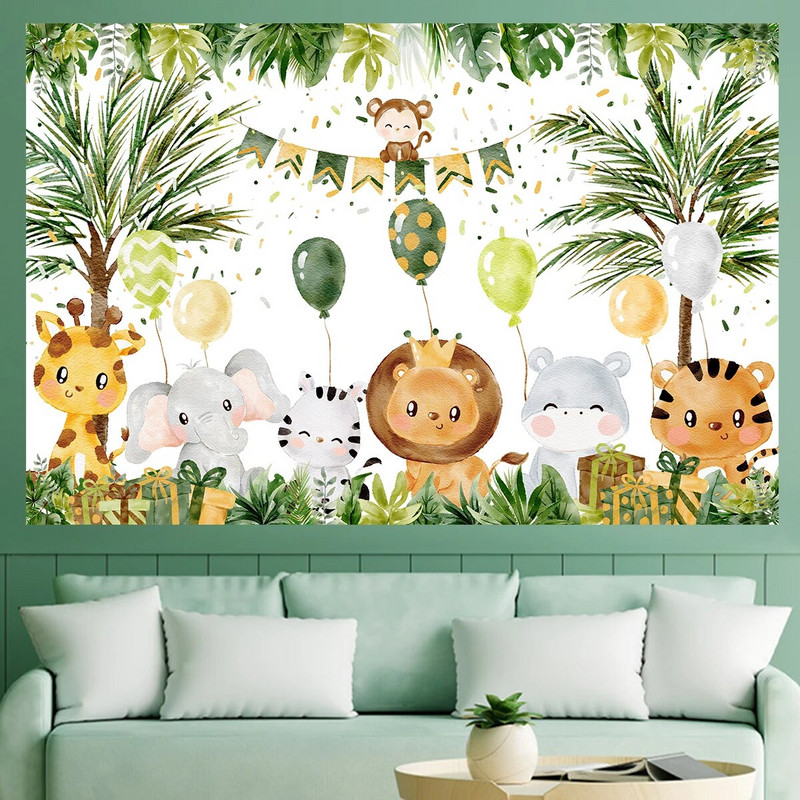 Pozadina sa životinjama iz džungle Dekoracije za zabavu u džungli Wild One Safari Rođendanske dekoracije Baby Shower Boy Gril Pozadina za 1. rođendan