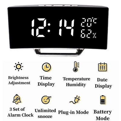 Kaarjas ekraan Digitaalne äratuskell Temperatuur Kuupäev 2 Taset Heleduse reguleerimine Edasilükkamine Tabel Kell 12/24H Öörežiim LED-kell