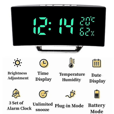 Kaarjas ekraan Digitaalne äratuskell Temperatuur Kuupäev 2 Taset Heleduse reguleerimine Edasilükkamine Tabel Kell 12/24H Öörežiim LED-kell