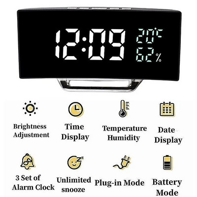Kaarjas ekraan Digitaalne äratuskell Temperatuur Kuupäev 2 Taset Heleduse reguleerimine Edasilükkamine Tabel Kell 12/24H Öörežiim LED-kell