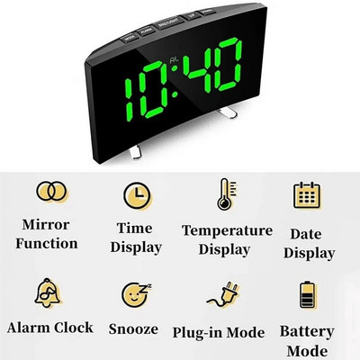 Kaarjas ekraan Digitaalne äratuskell Temperatuur Kuupäev 2 Taset Heleduse reguleerimine Edasilükkamine Tabel Kell 12/24H Öörežiim LED-kell