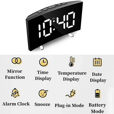 Kaarjas ekraan Digitaalne äratuskell Temperatuur Kuupäev 2 Taset Heleduse reguleerimine Edasilükkamine Tabel Kell 12/24H Öörežiim LED-kell