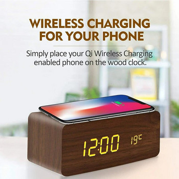 Ξύλινο ψηφιακό ξυπνητήρι με ασύρματη φόρτιση, ρολόι LED με ώρα, ημερομηνία, θερμοκρασία, επιτραπέζια ρολόγια για γραφείο, ρολόι δίπλα στο κρεβάτι