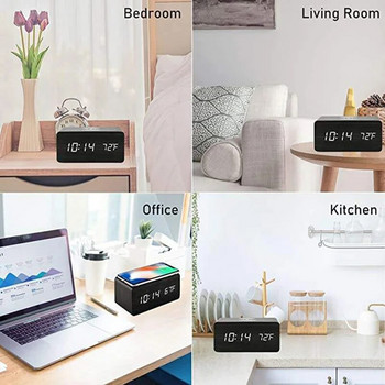 Дървен цифров будилник с безжично зареждане, LED часовник с час, дата, температура, Настолни часовници за офис, Нощен часовник