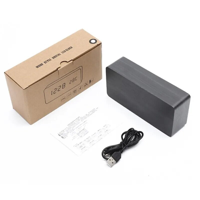 Ceas deșteptător LED digital multifuncțional din lemn cu oră