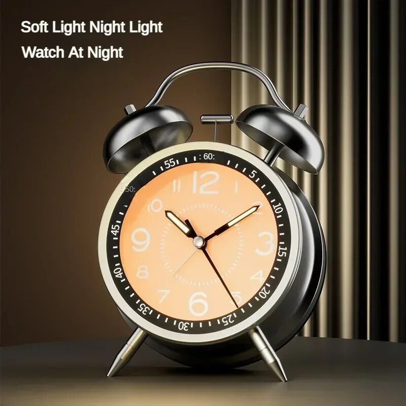 Hangos ébresztőóra erősen alvóknak, felnőtteknek Retro 4,5 hüvelykes csendes kvarc éjszakai fénnyel, ikercsengős analóg gyerek ébresztőórákkal