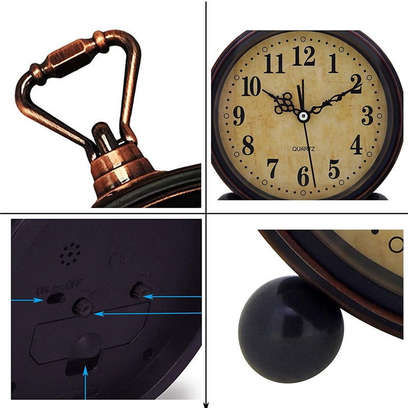 Senovinis pakabinamas baterinis žadintuvas Metalinis naktinis apšvietimas Itin tylus stalinis stalas Kvarcinis laikrodis Miegamojo lovos stalo lentyna