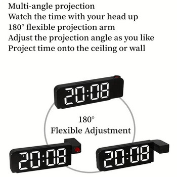 Огледало Завъртане на 180° Цифрова проекция Будилник Светещ LED Голям цифров Дата Час Температура Електронен Многоцветен