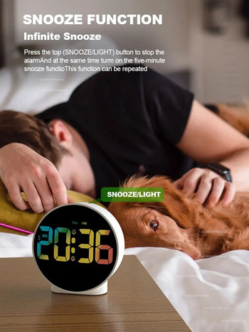 Aierwill N16 Кръгъл будилник с календар за дрямка 12/24 ч. Седмица Цифров LED настолен часовник за спални Нощно бюро Рафт
