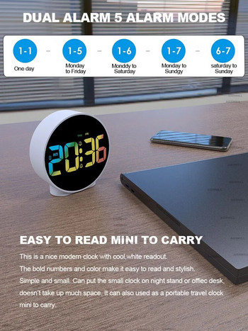 Aierwill N16 Στρογγυλό Ξυπνητήρι με ημερολόγιο αναβολής 12/24 ωρών Εβδομάδας Ψηφιακό επιτραπέζιο ρολόι LED για υπνοδωμάτια Ράφι γραφείου δίπλα στο κρεβάτι