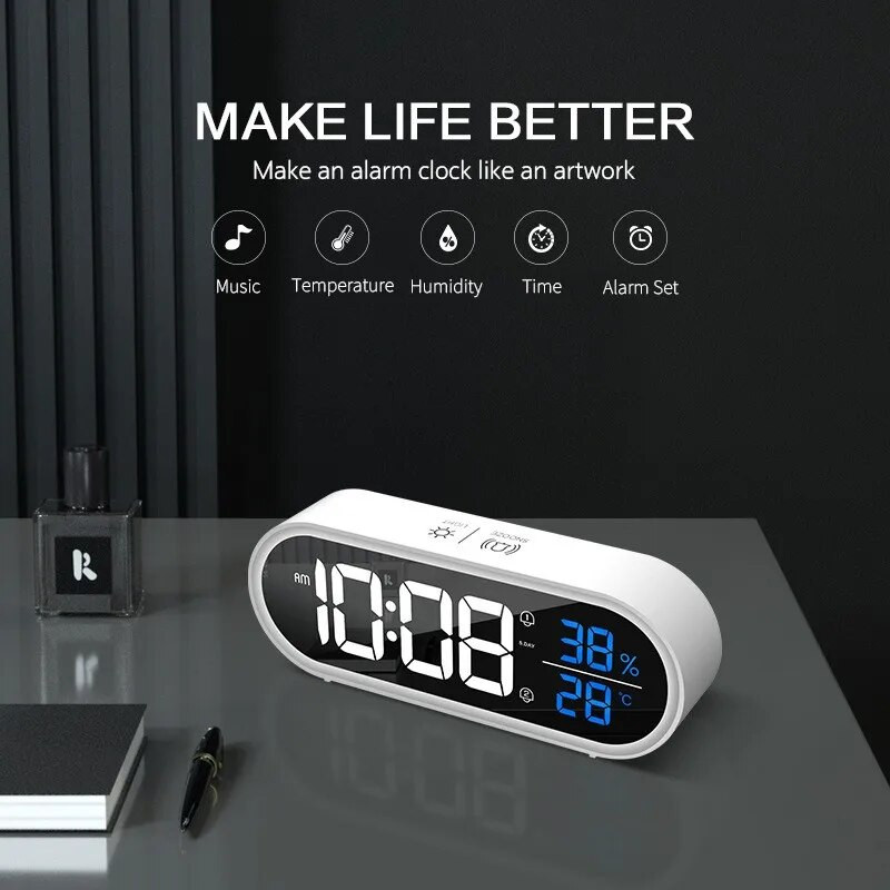 Mūzikas digitālais modinātājs Balss vadība/Alaways Temperatūras Mitrums Galda pulksteņi ℃/℉ Divkāršs modinātājs uzlādējams LED pulkstenis