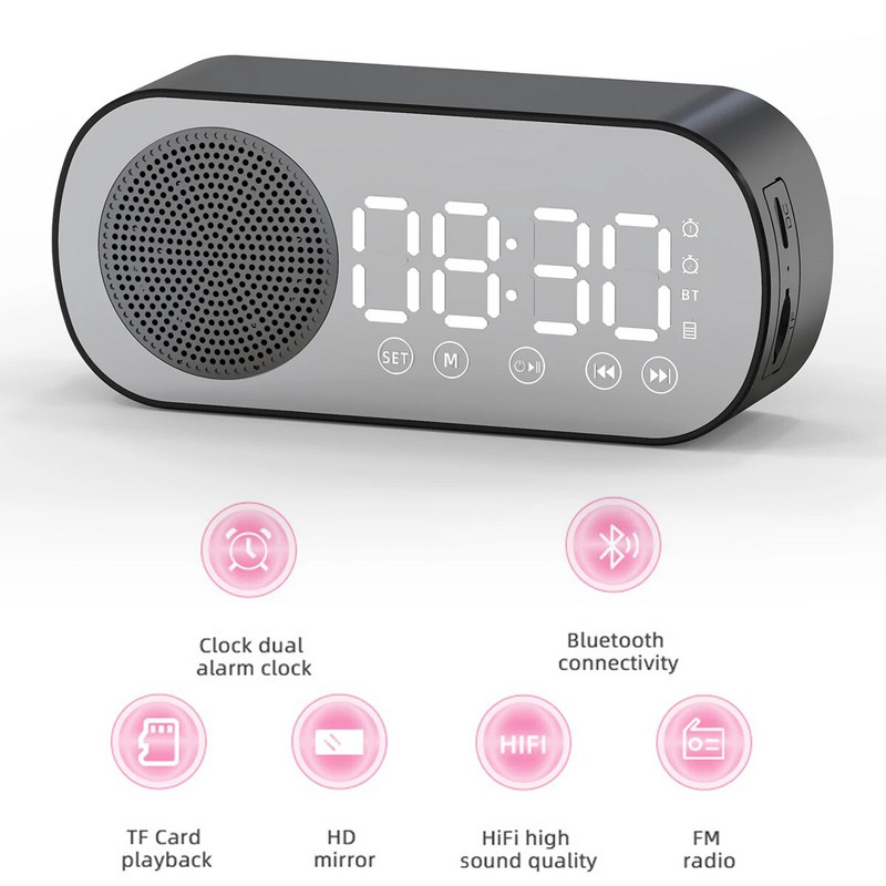 Digitālais modinātājs Bluetooth 5.0 skaļrunis LED displejs spogulis galda modinātājs ar FM radio atbalstu TF Card Play brīvroku zvans