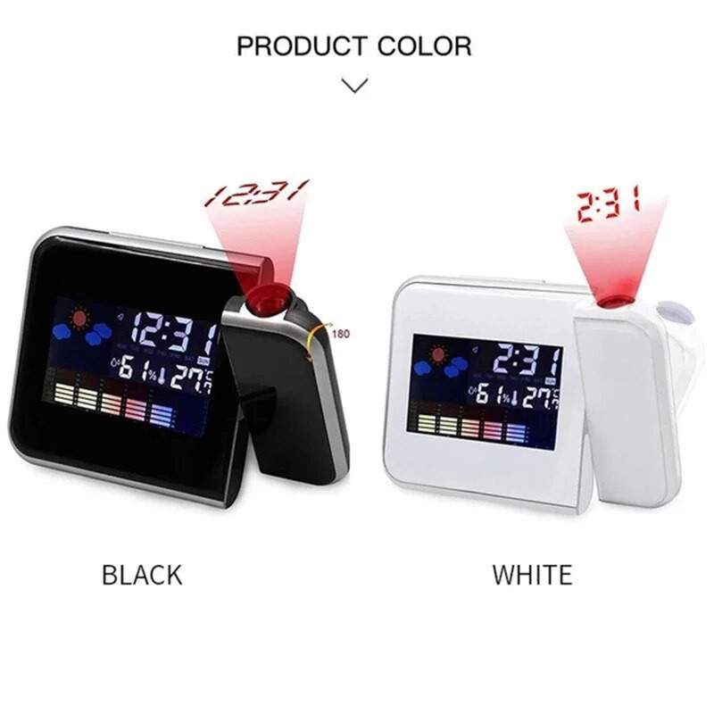 Skaitmeninio LED foninio apšvietimo ekrano projekcija 180° Pasukti žadintuvą Spalvotas ekranas Snausti Orai Temperatūra Termometras Drėgmė