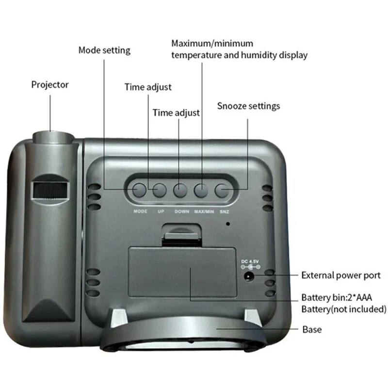 Skaitmeninio LED foninio apšvietimo ekrano projekcija 180° Pasukti žadintuvą Spalvotas ekranas Snausti Orai Temperatūra Termometras Drėgmė