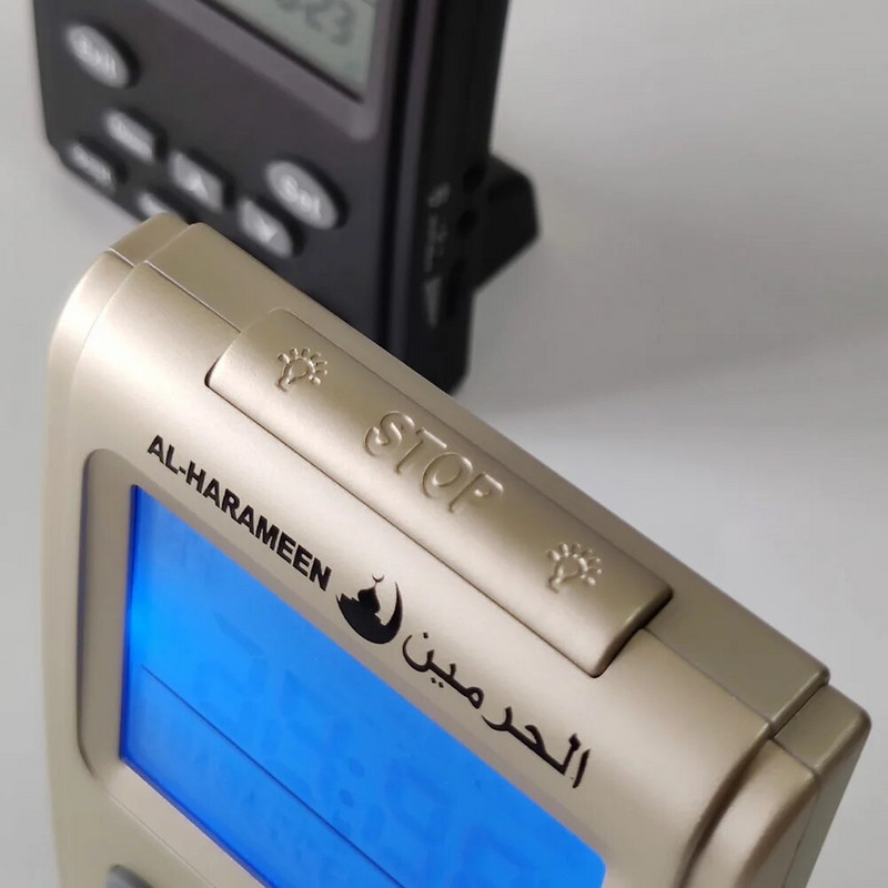 AL-HARAMEEN Azan sat za muslimane s ezanom Vrijeme molitve Alarm Qiblah Hijri kalendar i pozadinsko osvjetljenje Temperatura Iqamah