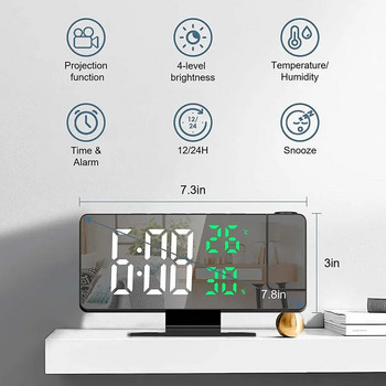 LED Ψηφιακό Ξυπνητήρι Specular Surface Ηλεκτρονική Διακόσμηση Υπνοδωματίου Ώρα προβολής με Επιτραπέζιο Ρολόι θερμοκρασίας δίπλα στο κρεβάτι W6O2