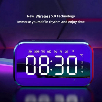 FM радио Цифров будилник TEMP Week Безжичен високоговорител 3 аларми Акумулаторен настолен часовник TF карта за възпроизвеждане Огледало LED часовник
