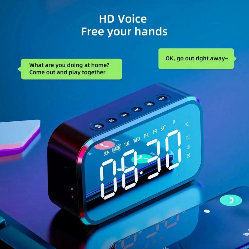 FM radio digitālais modinātājs TEMP nedēļas bezvadu skaļrunis 3 modinātāji uzlādējams galda pulkstenis TF kartes atskaņošanas spogulis LED pulkstenis