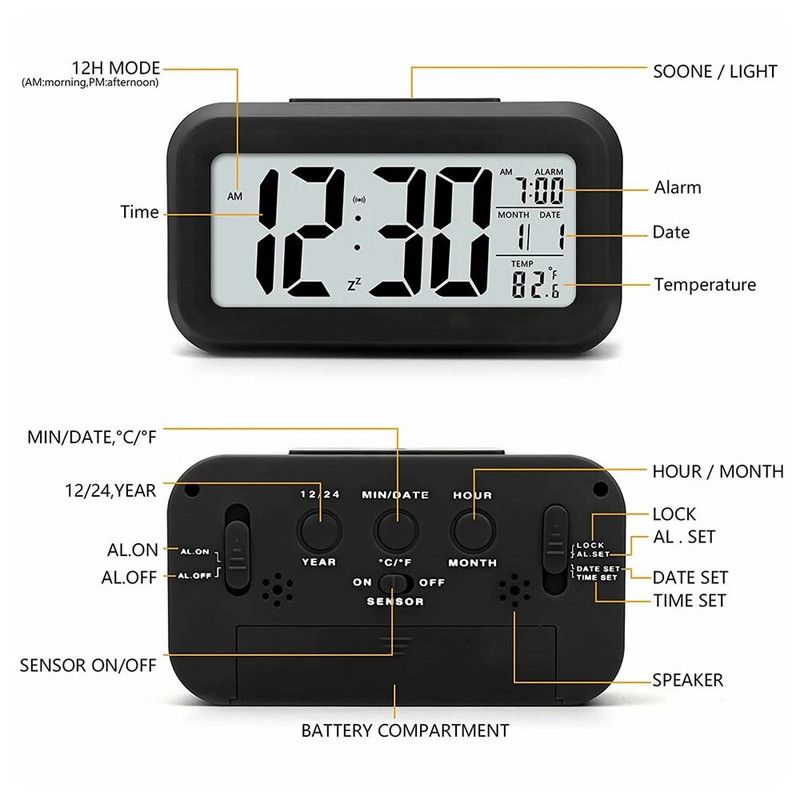 Ceas cu alarmă LED Afișaj digital Calendar Temperatură Iluminare din spate Funcție mut Ceas de masă pentru acasă Oiffce 12/24 H Ceas de birou