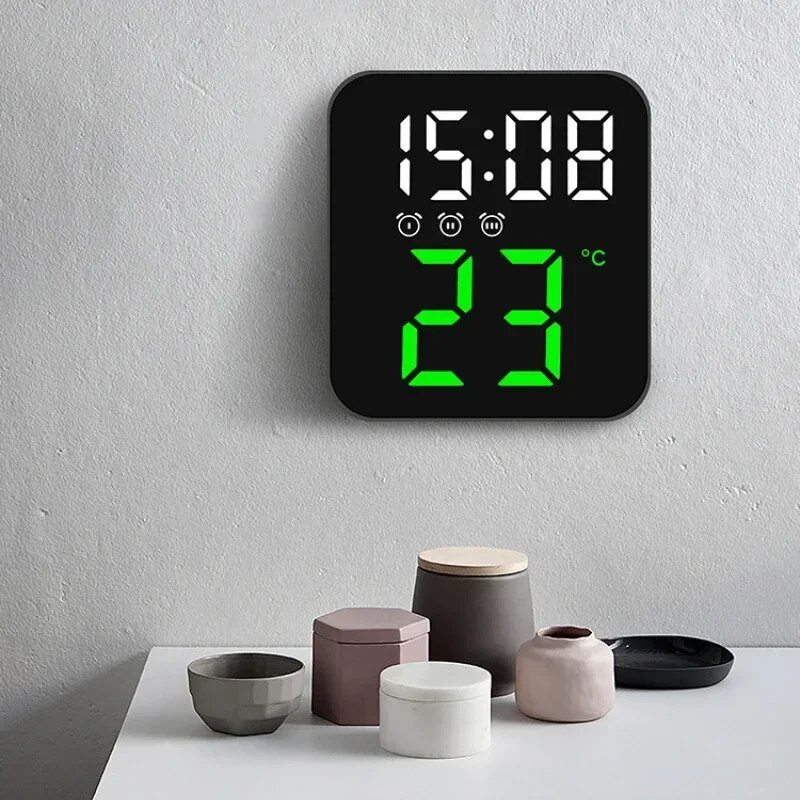 Digitalni budilnik za spavaće sobe s temperaturom i podesivom svjetlinom, glasovnim upravljanjem, tri budilice, zidni sat 12/24h