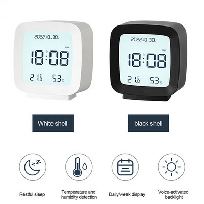 Digitalni 12/24H elektronički budilnik Glasovno aktiviran Pozadinsko osvjetljenje Temperatura Vlažnost Noćno svjetlo Stolni sat s funkcijom odgode