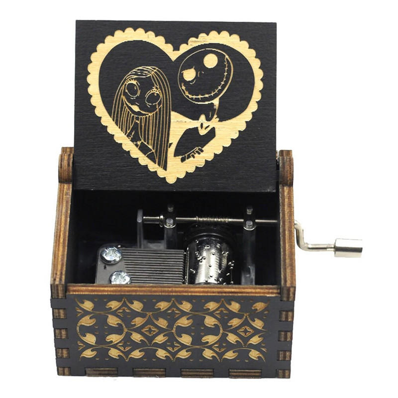 Noć vještica Drvena glazbena kutija Ručna ručica Noćna mora prije Božića Antikna kutija za glazbenu kutiju s graviranjem