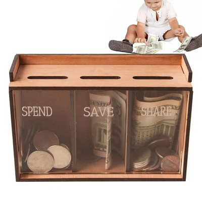 Save Money Box 3 θέσεων Ξύλινη τράπεζα νομισμάτων με αφαιρούμενο καπάκι Φορητό Saver Αποθήκευση χρημάτων Organizer Ενήλικες Παιδιά νομίσματα