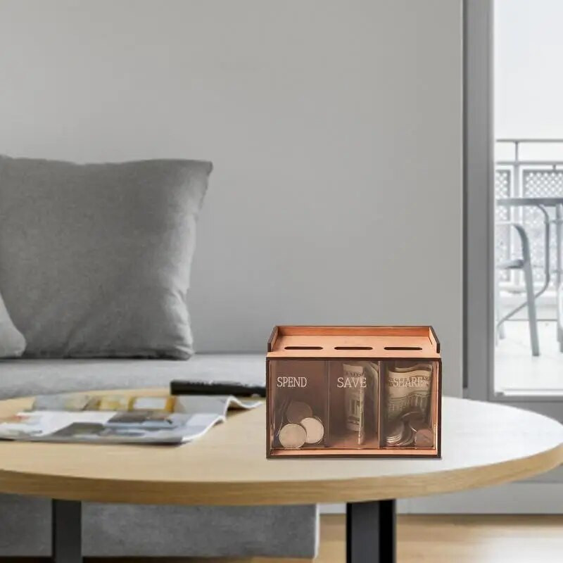 Taupymo pinigų dėžutė 3 skyrių medinis monetų bankas su nuimamu dangteliu Nešiojamas taupymo pinigų laikymo organizatorius suaugusiems vaikams moneta