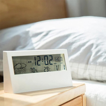 LCD Електрически настолен будилник Бял с календар и цифрова температура Влажност Модерен часовник за домашен офис Детски часовник за спалня
